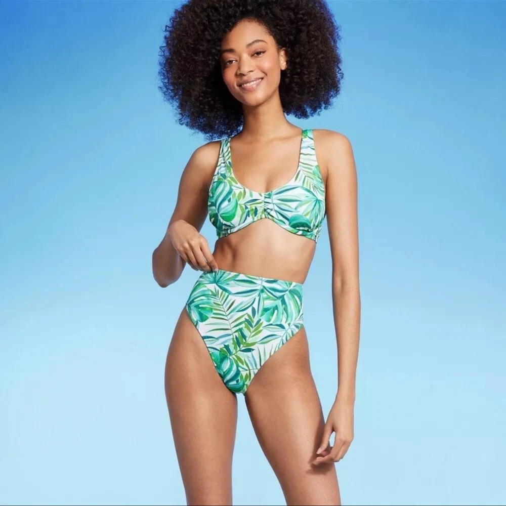 NWT Shade & Shore Green High Waist High Leg Extra Cheeky Bikini Bottoms Small
